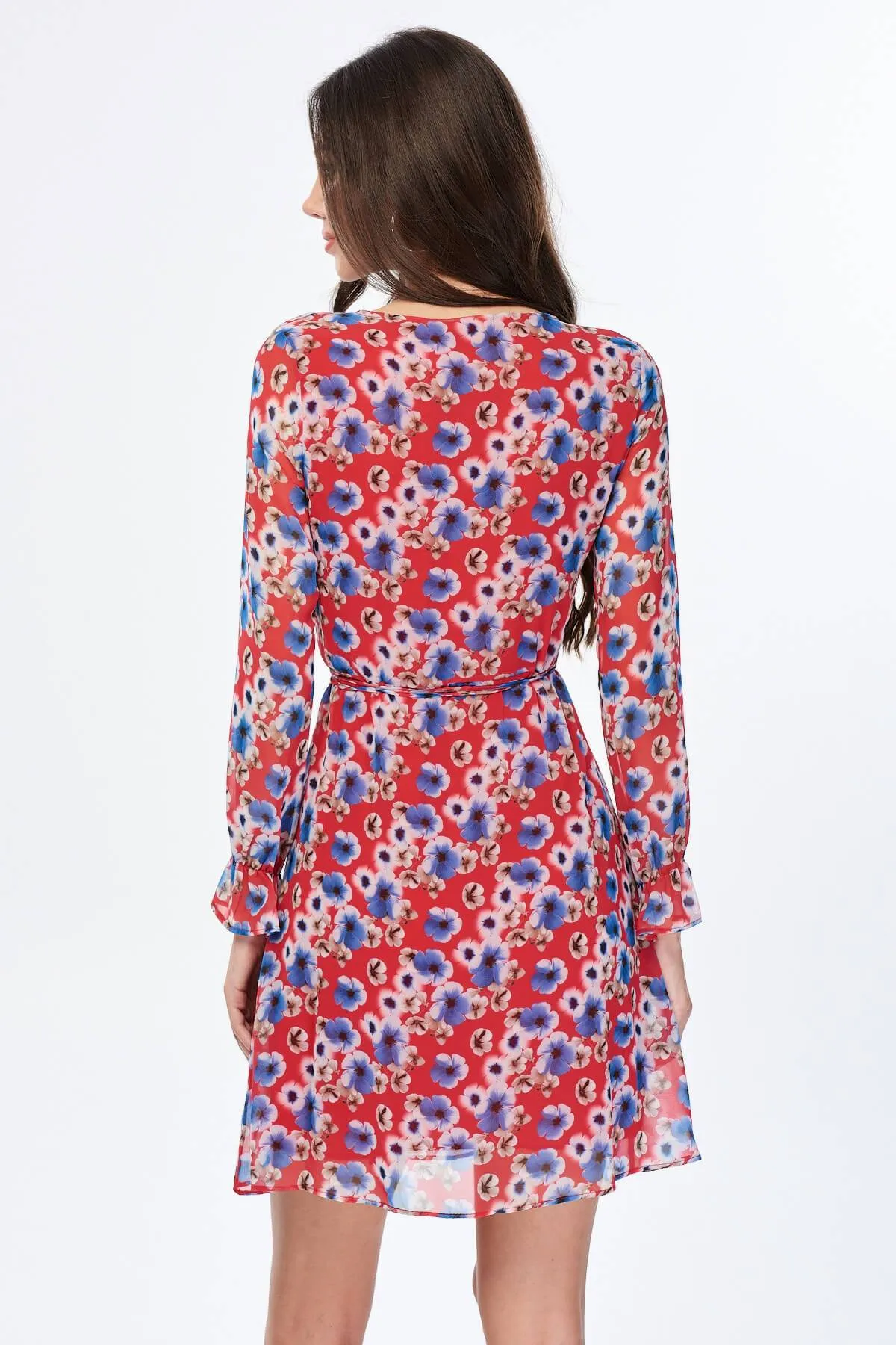 13016 Red-Blue Floral Chiffon Dress