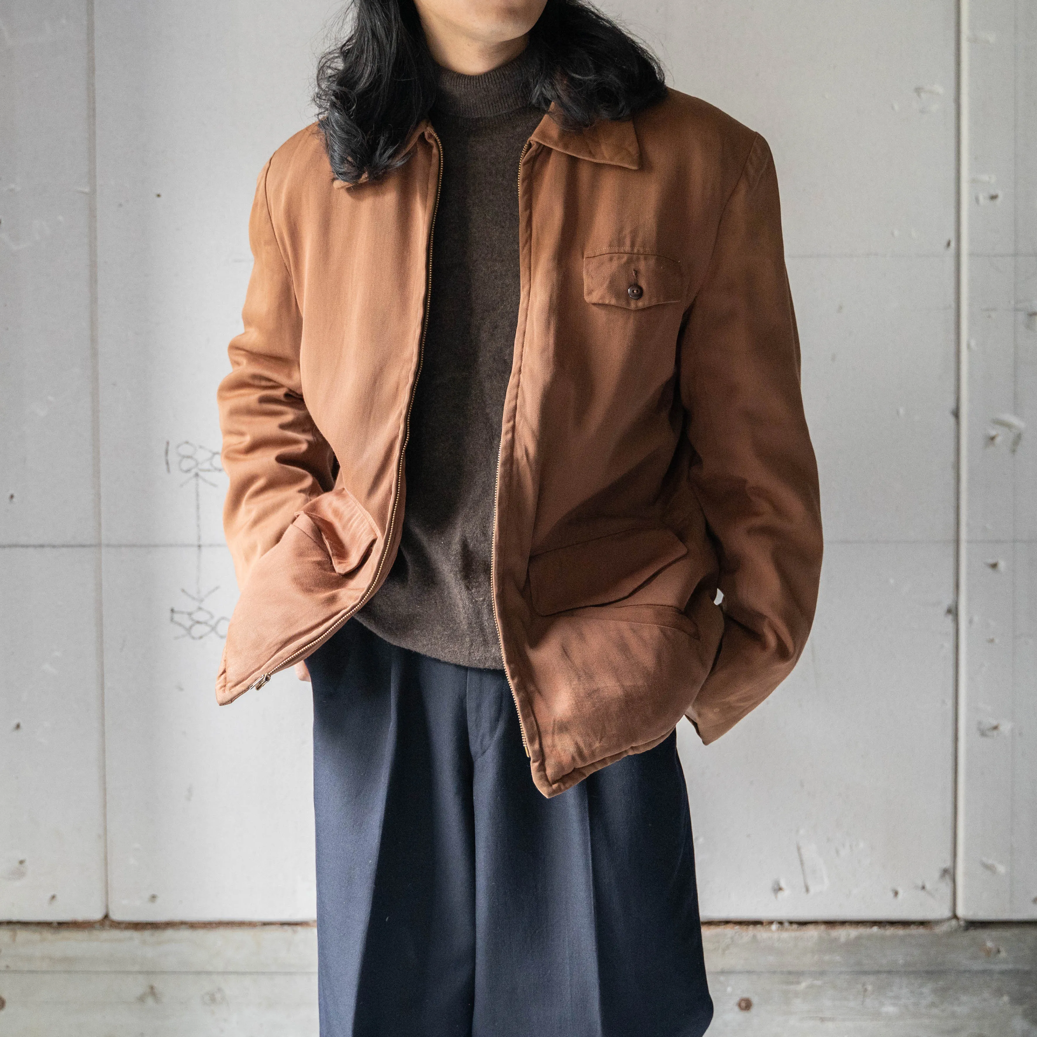 1950s USA brown color gabardine zip up jacket