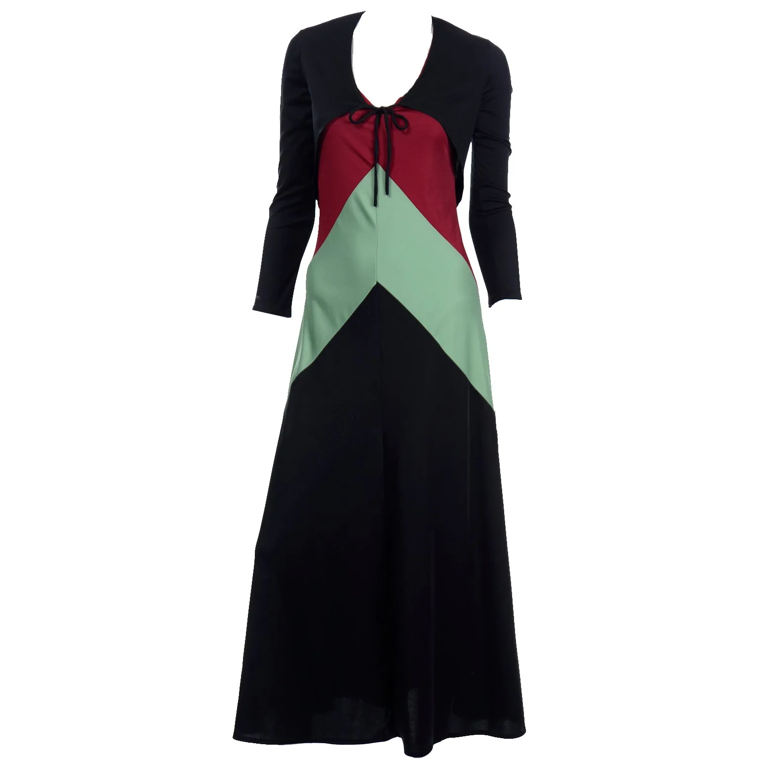 1970s Black Red & Sage Green Color Block Jersey Dress With Bolero