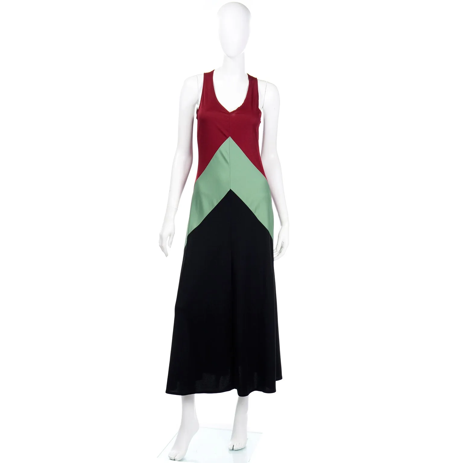 1970s Black Red & Sage Green Color Block Jersey Dress With Bolero