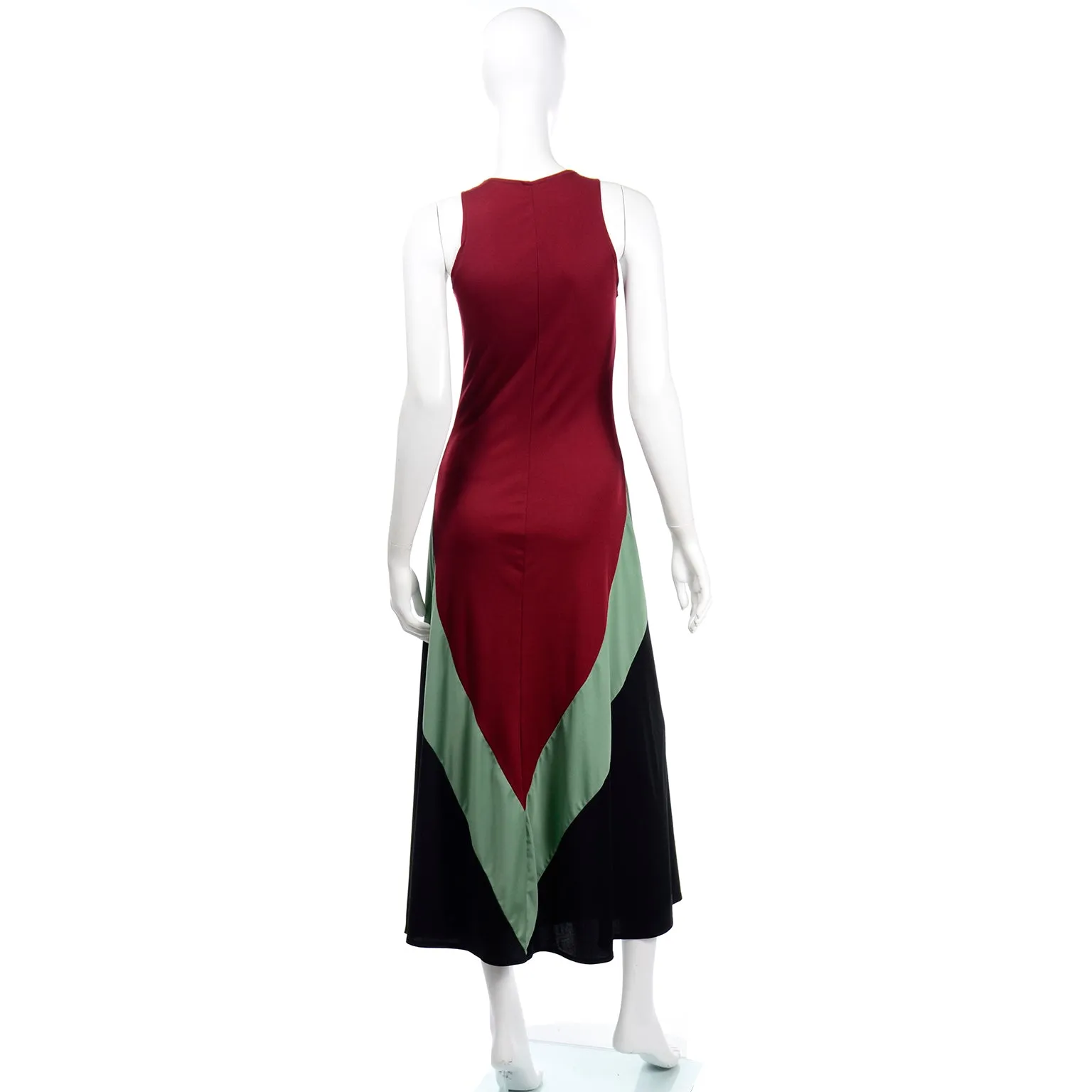 1970s Black Red & Sage Green Color Block Jersey Dress With Bolero