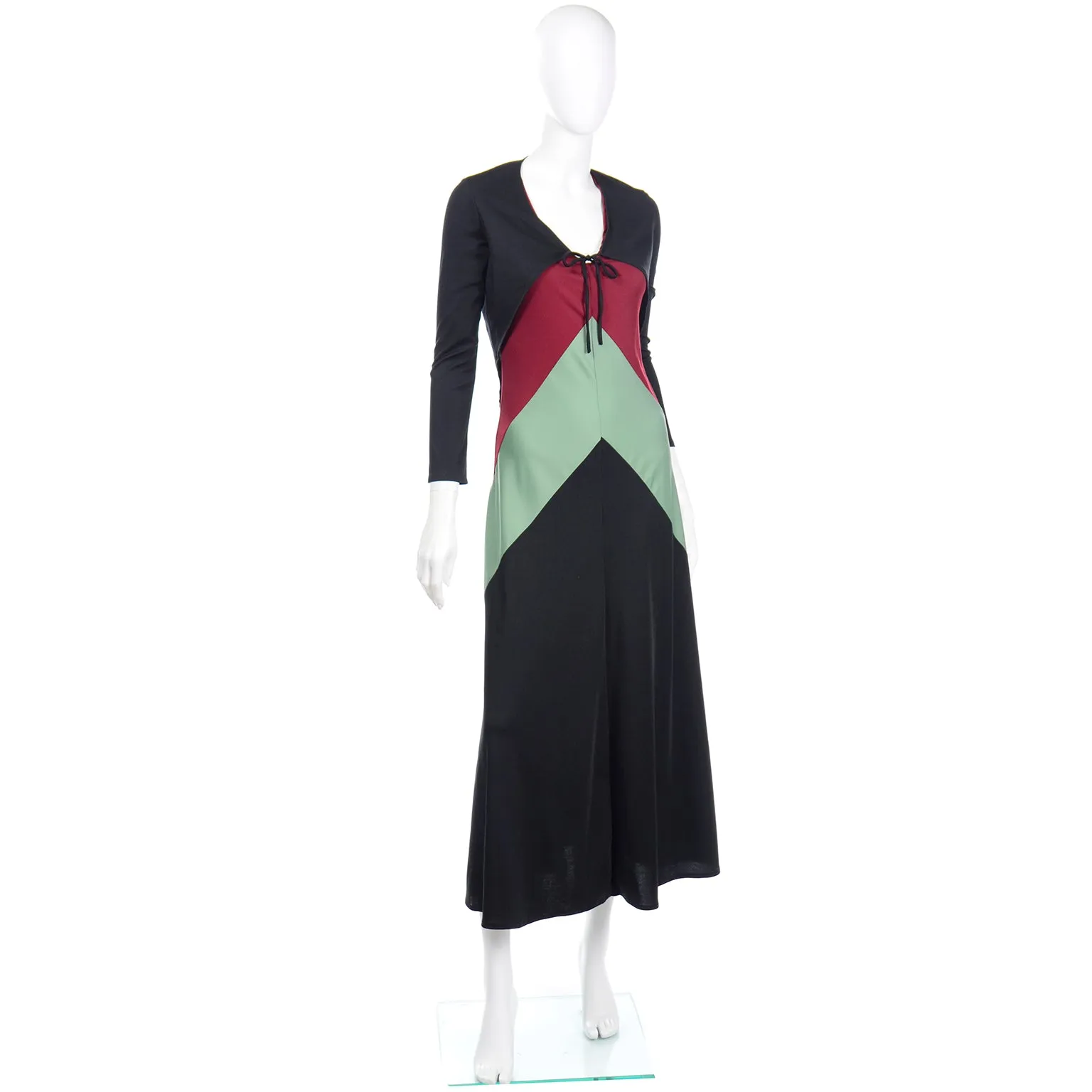 1970s Black Red & Sage Green Color Block Jersey Dress With Bolero