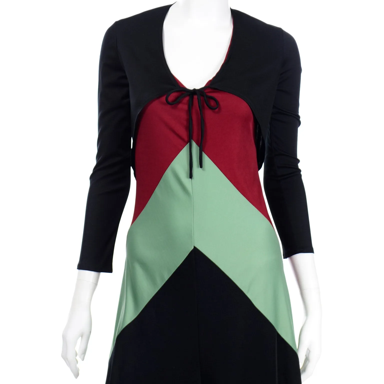 1970s Black Red & Sage Green Color Block Jersey Dress With Bolero