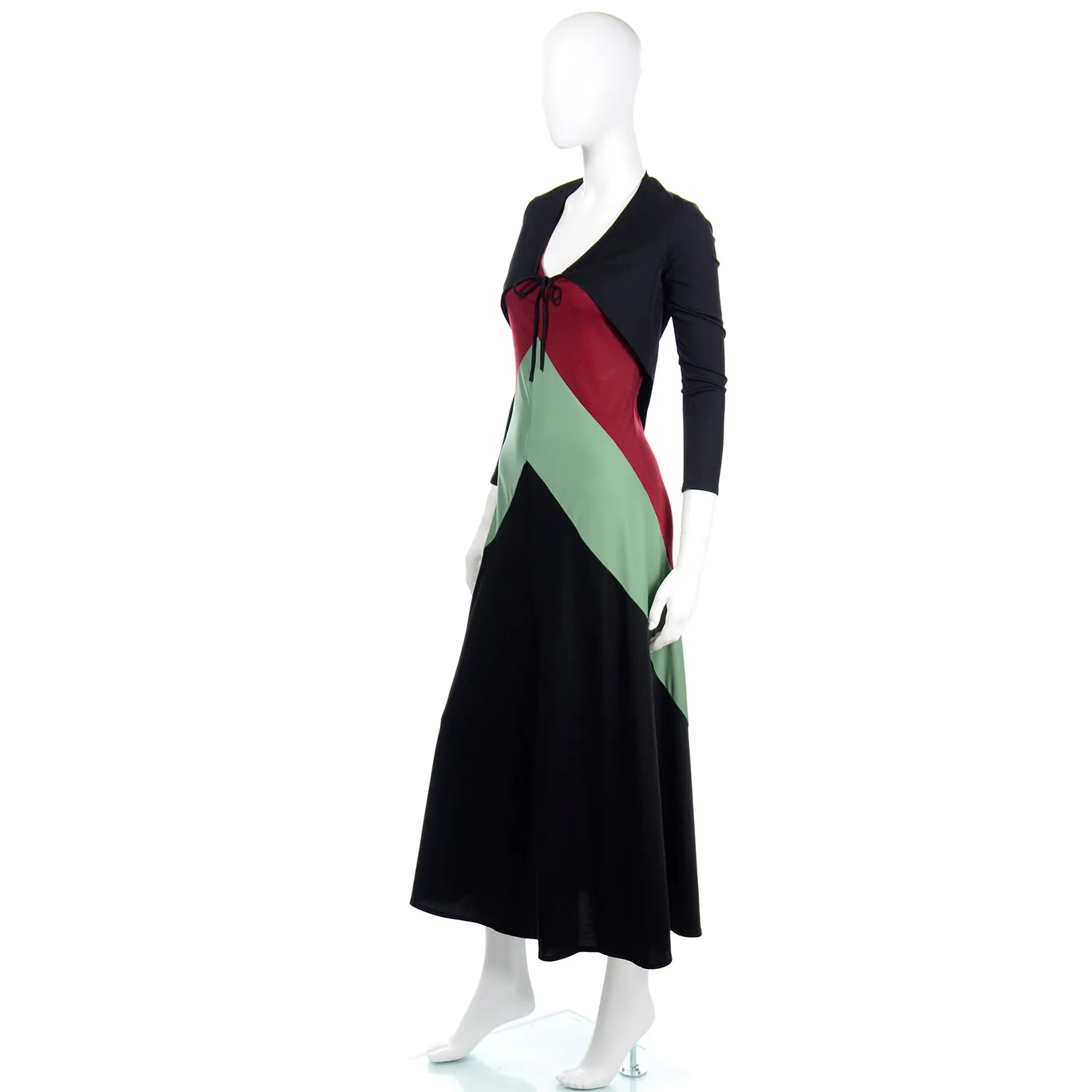 1970s Black Red & Sage Green Color Block Jersey Dress With Bolero