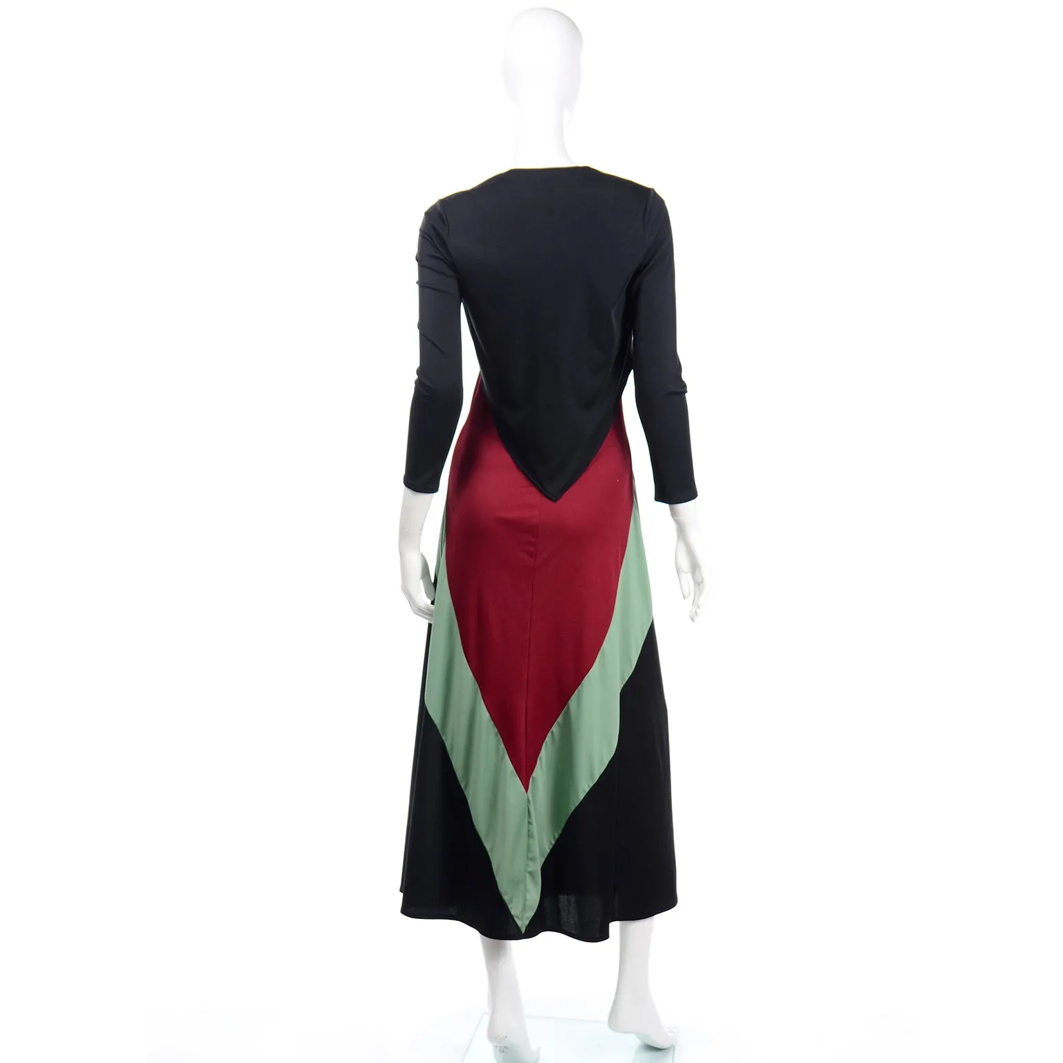 1970s Black Red & Sage Green Color Block Jersey Dress With Bolero