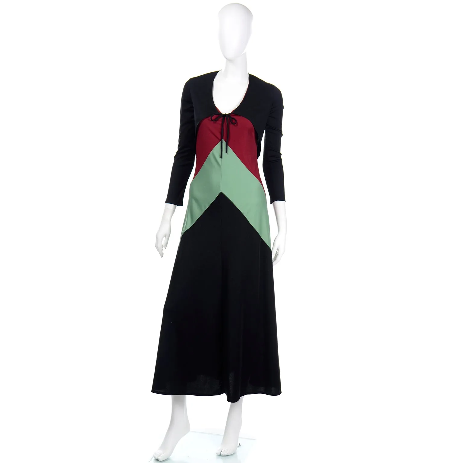 1970s Black Red & Sage Green Color Block Jersey Dress With Bolero