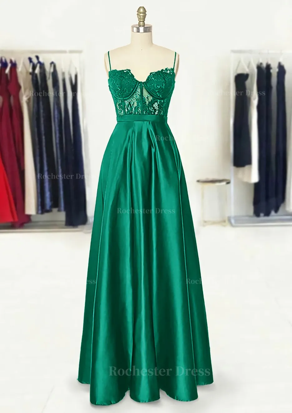 A-line Sweetheart Spaghetti Straps Long/Floor-Length Satin Prom Dress With Appliqued Pockets