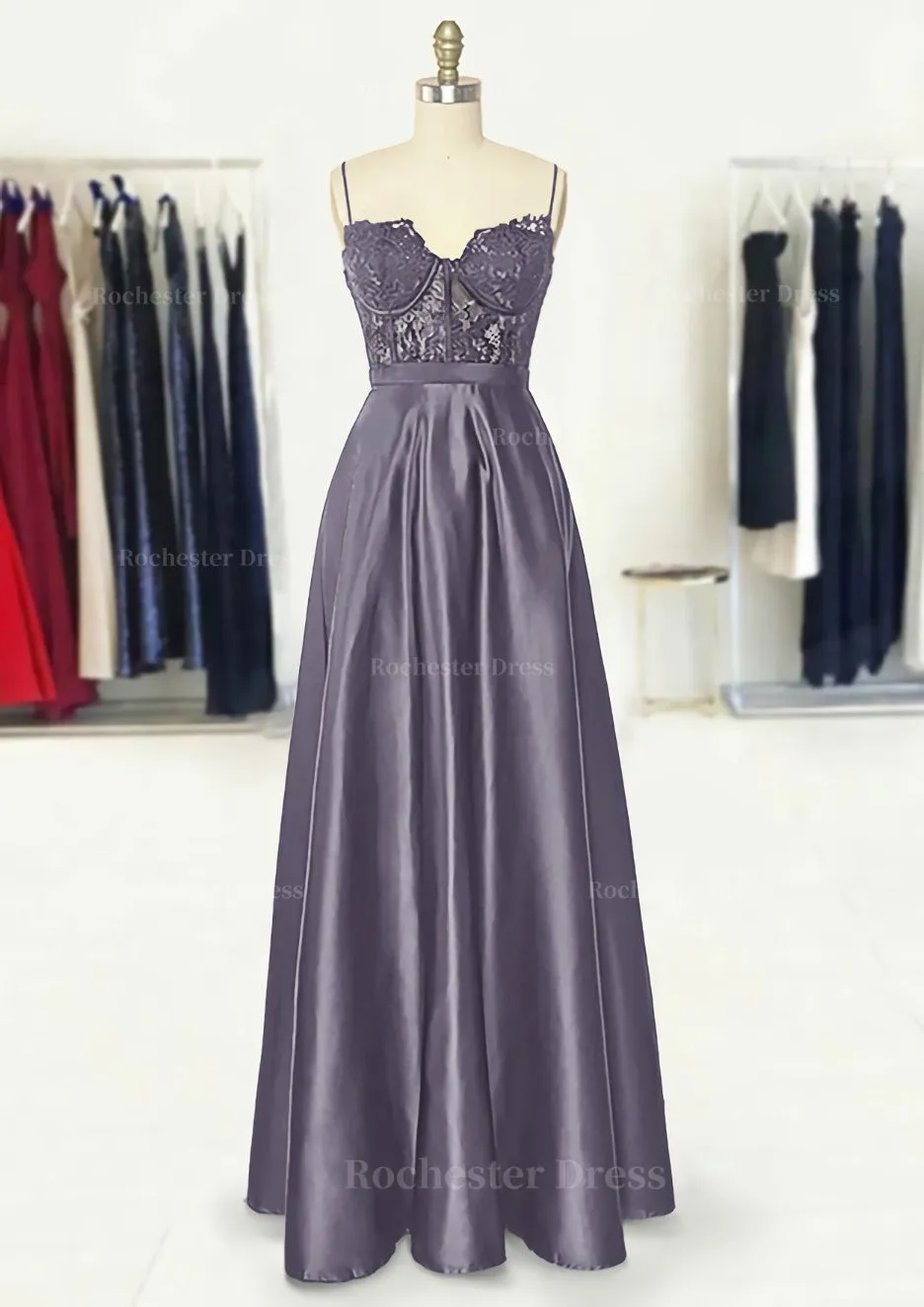 A-line Sweetheart Spaghetti Straps Long/Floor-Length Satin Prom Dress With Appliqued Pockets