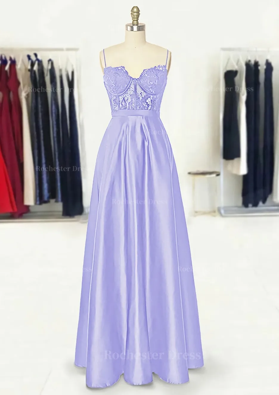 A-line Sweetheart Spaghetti Straps Long/Floor-Length Satin Prom Dress With Appliqued Pockets