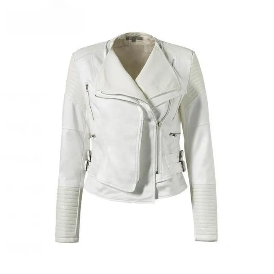 ALISSA VEGAN LEATHER BIKER JACKET- WHITE