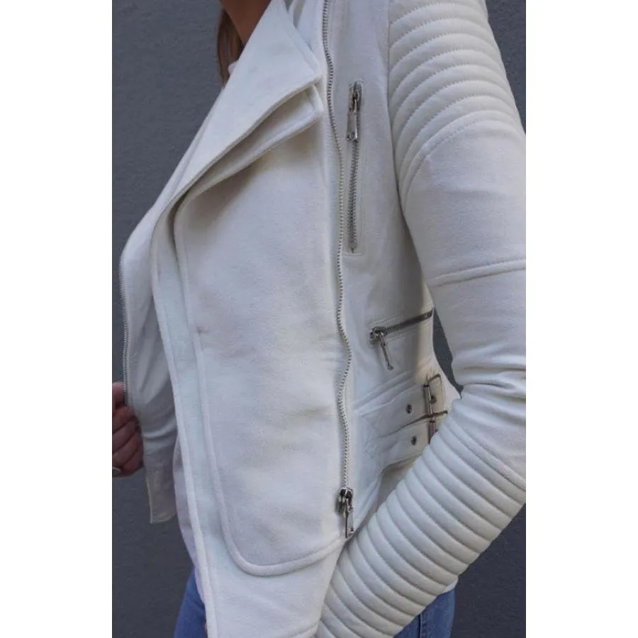 ALISSA VEGAN LEATHER BIKER JACKET- WHITE