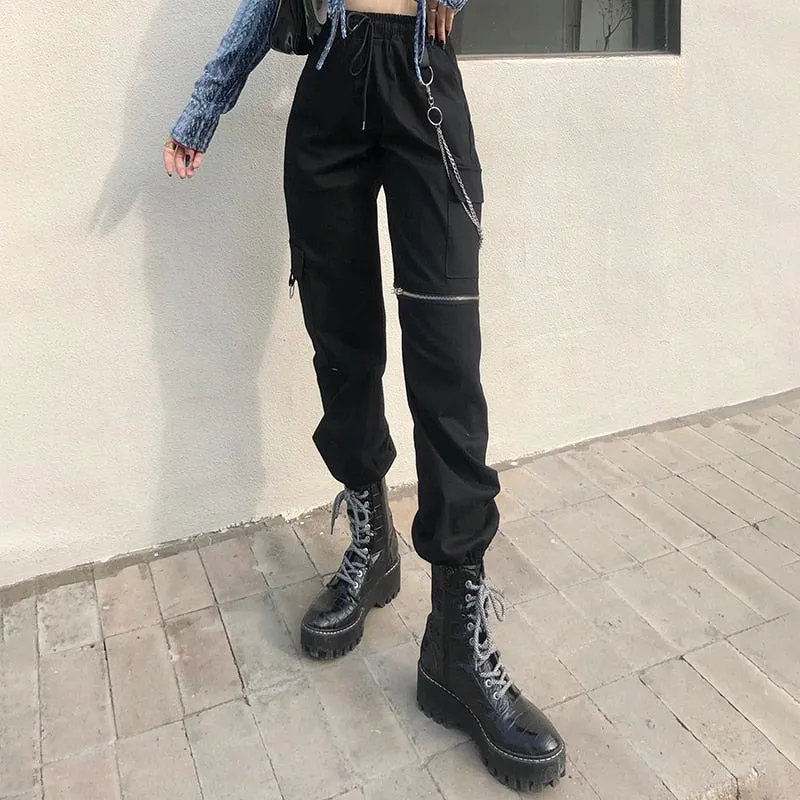 Alt E Girl Goth Black Metal Chain Cargo Pants