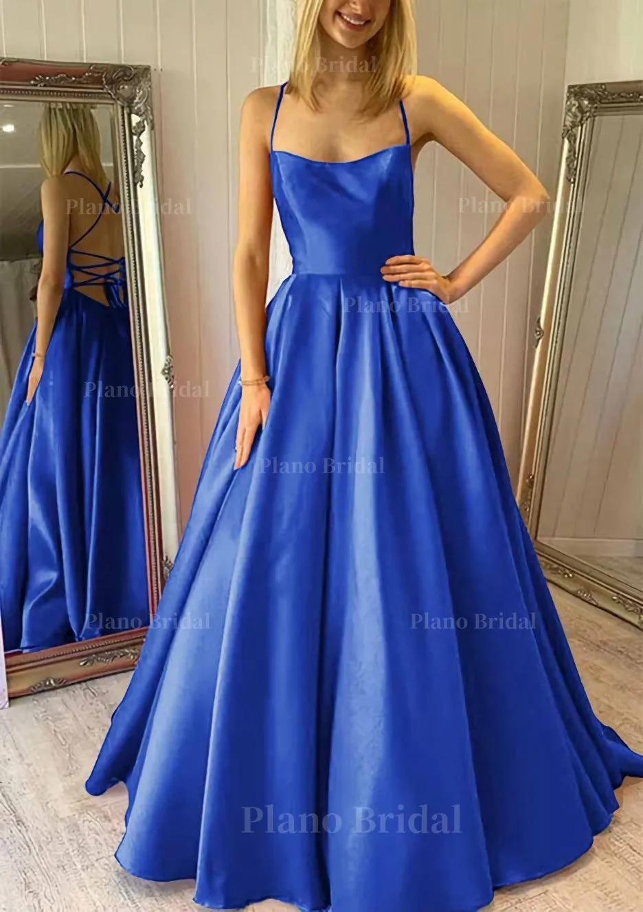 Ball Gown Square Neckline Sleeveless Satin Sweep Train Prom Dress With Pleated Pockets