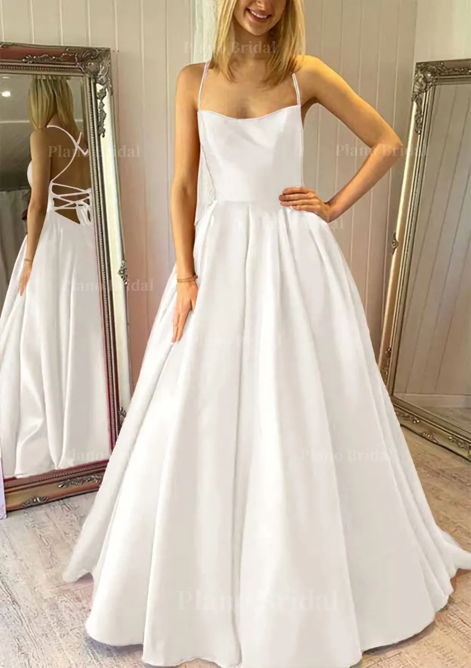 Ball Gown Square Neckline Sleeveless Satin Sweep Train Prom Dress With Pleated Pockets