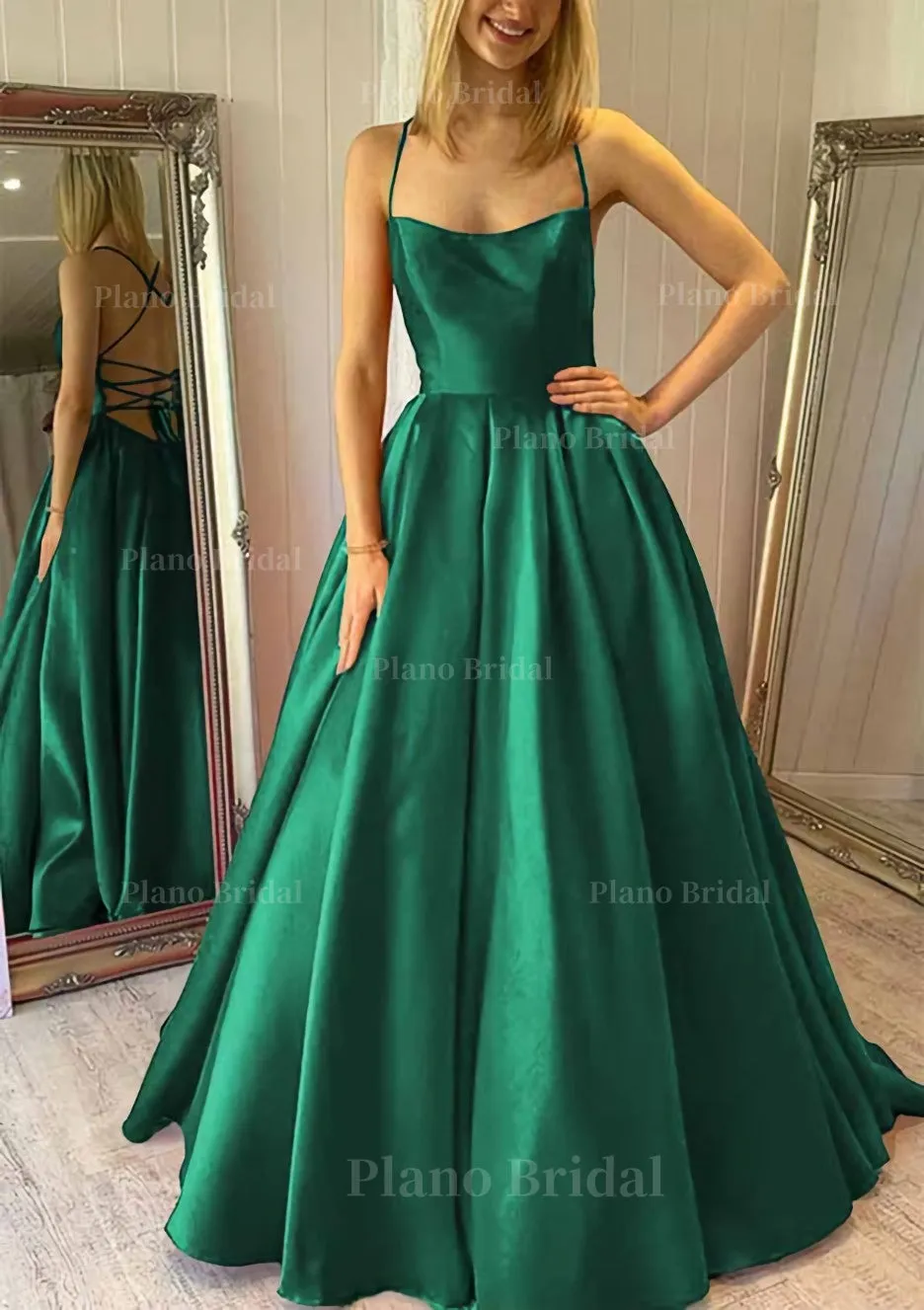 Ball Gown Square Neckline Sleeveless Satin Sweep Train Prom Dress With Pleated Pockets