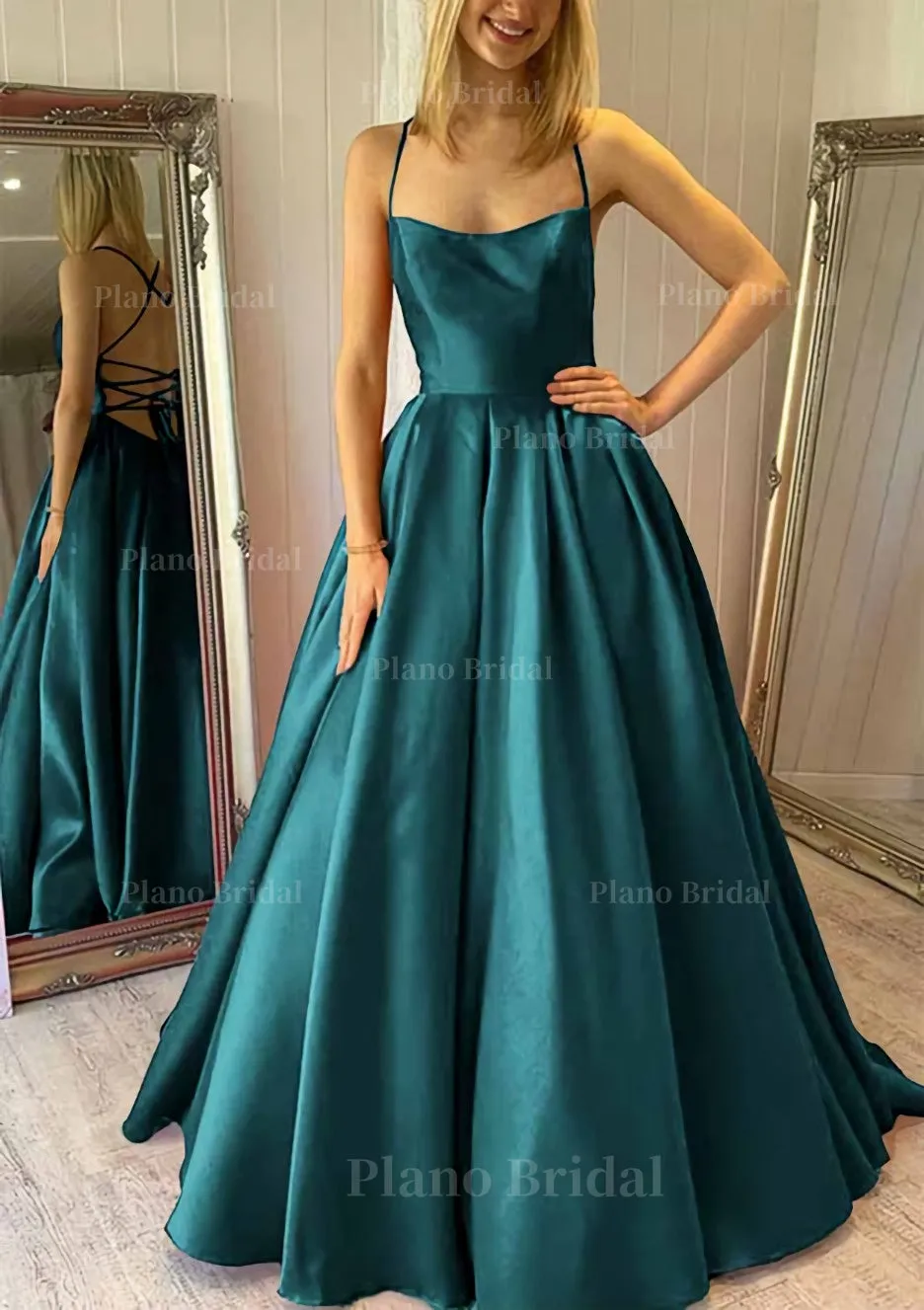 Ball Gown Square Neckline Sleeveless Satin Sweep Train Prom Dress With Pleated Pockets