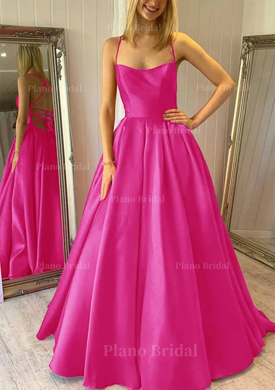 Ball Gown Square Neckline Sleeveless Satin Sweep Train Prom Dress With Pleated Pockets