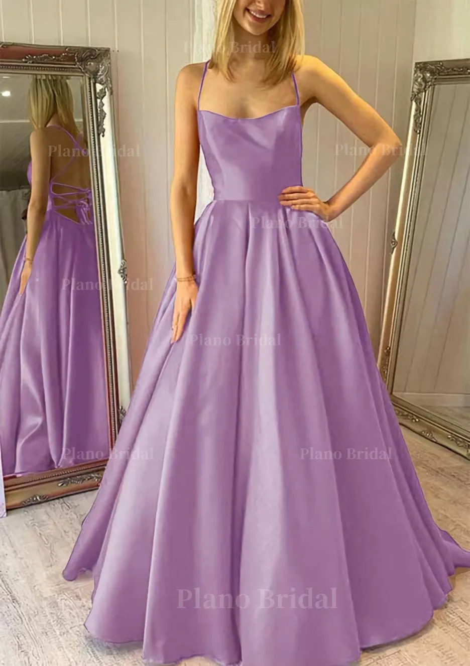 Ball Gown Square Neckline Sleeveless Satin Sweep Train Prom Dress With Pleated Pockets