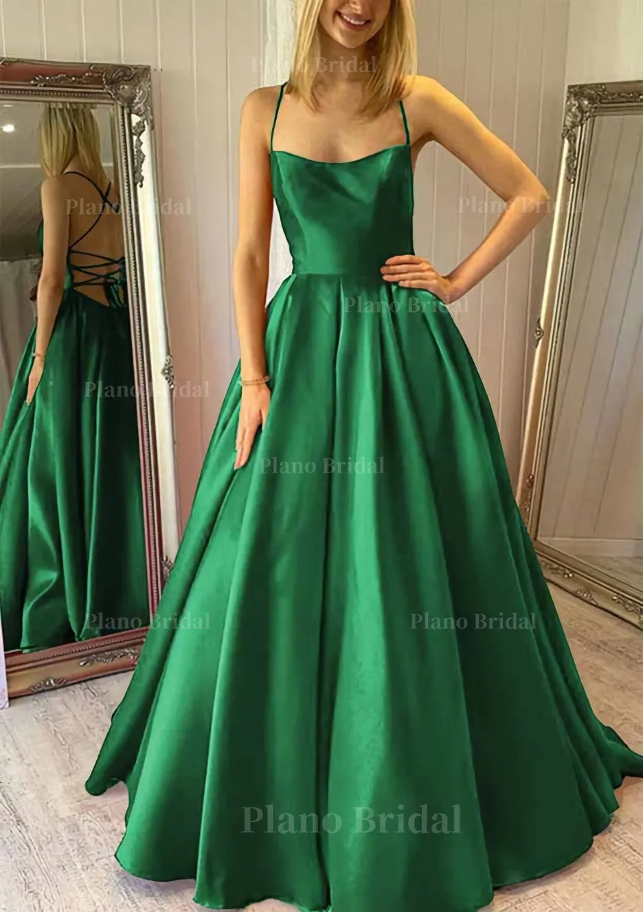 Ball Gown Square Neckline Sleeveless Satin Sweep Train Prom Dress With Pleated Pockets