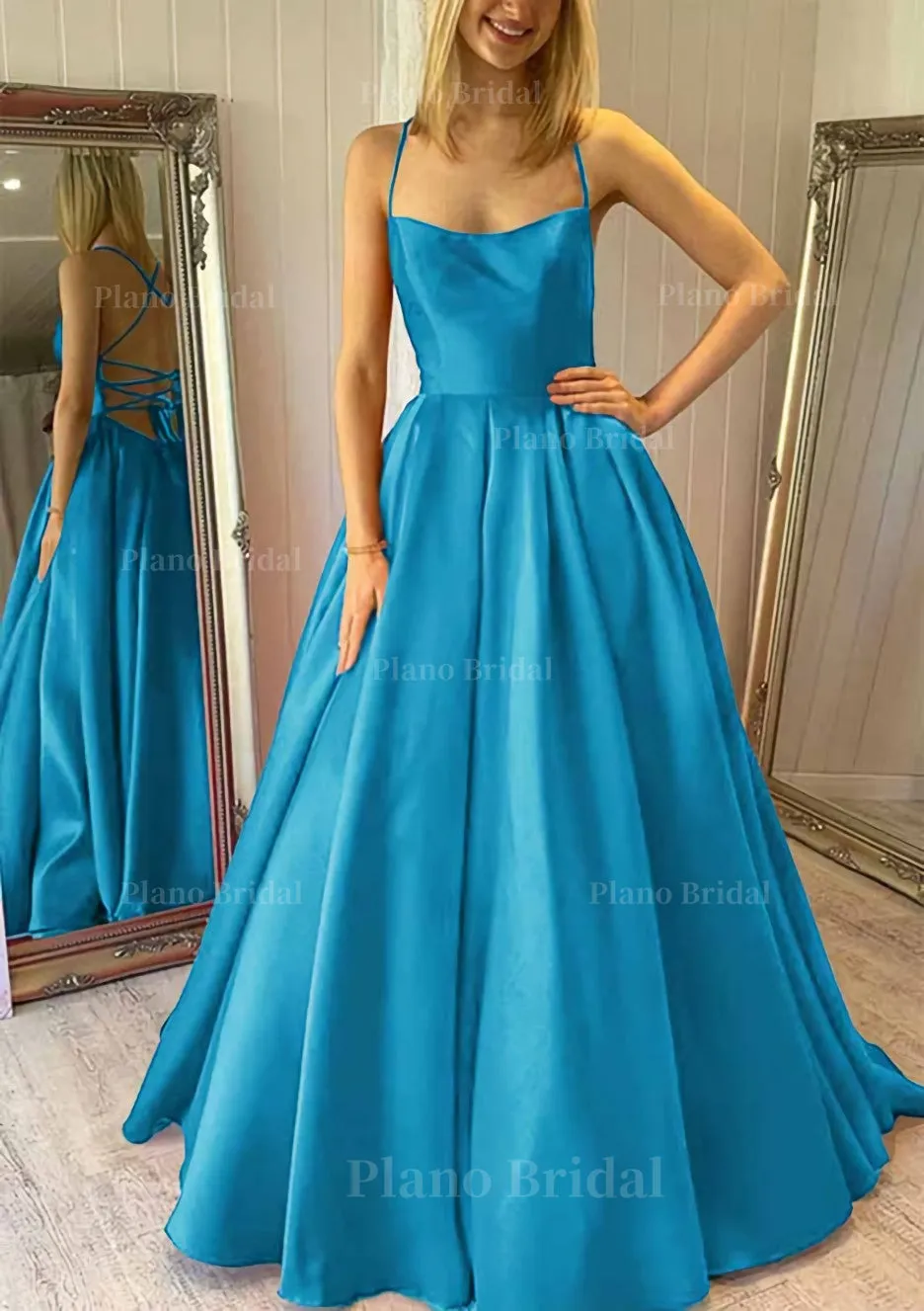 Ball Gown Square Neckline Sleeveless Satin Sweep Train Prom Dress With Pleated Pockets