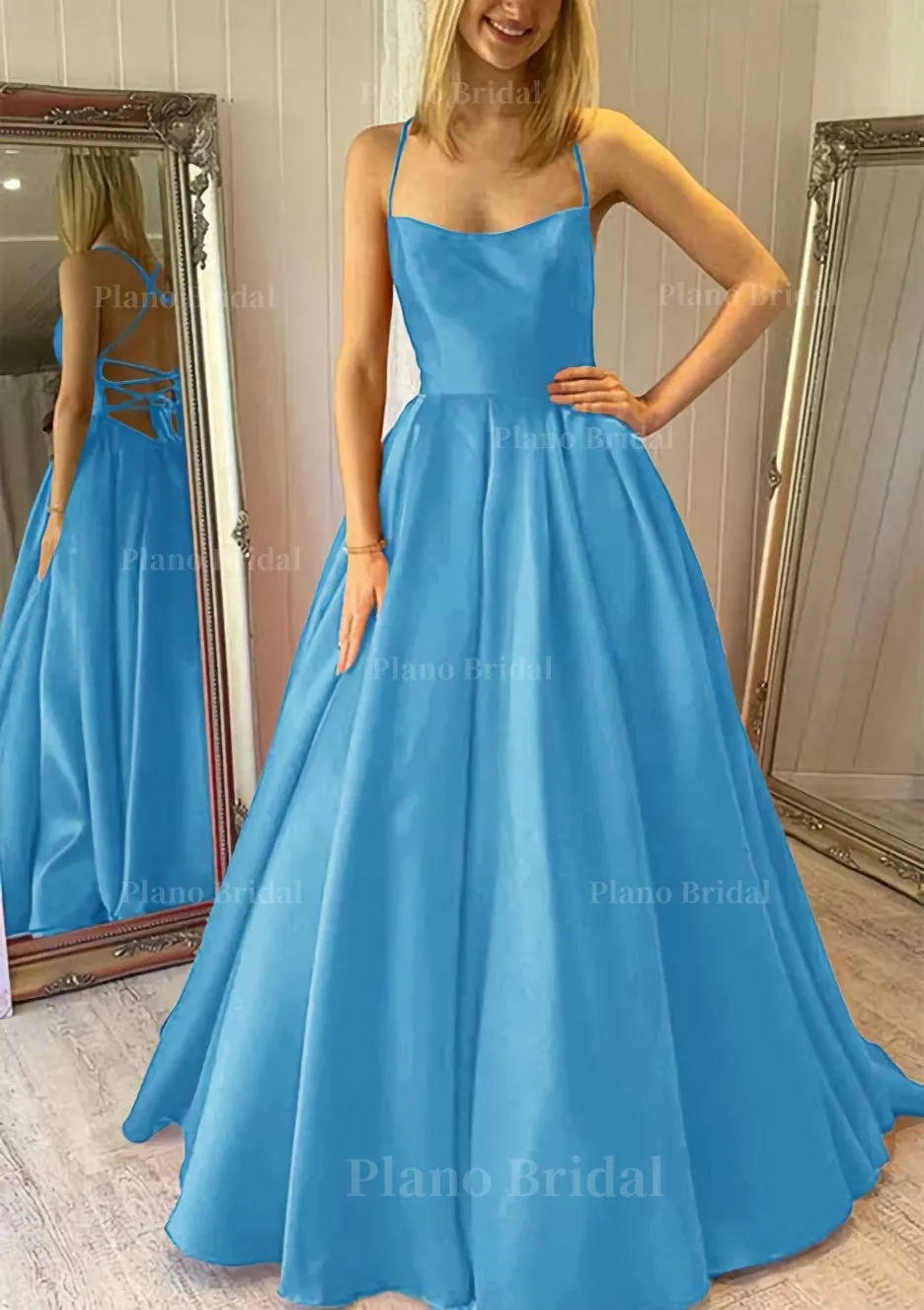 Ball Gown Square Neckline Sleeveless Satin Sweep Train Prom Dress With Pleated Pockets