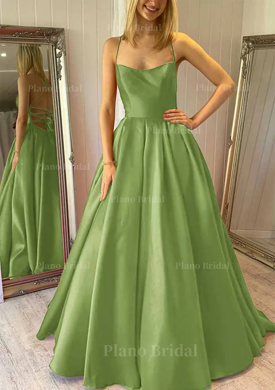 Ball Gown Square Neckline Sleeveless Satin Sweep Train Prom Dress With Pleated Pockets