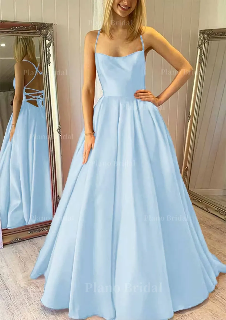 Ball Gown Square Neckline Sleeveless Satin Sweep Train Prom Dress With Pleated Pockets