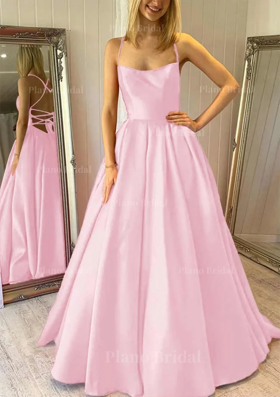 Ball Gown Square Neckline Sleeveless Satin Sweep Train Prom Dress With Pleated Pockets