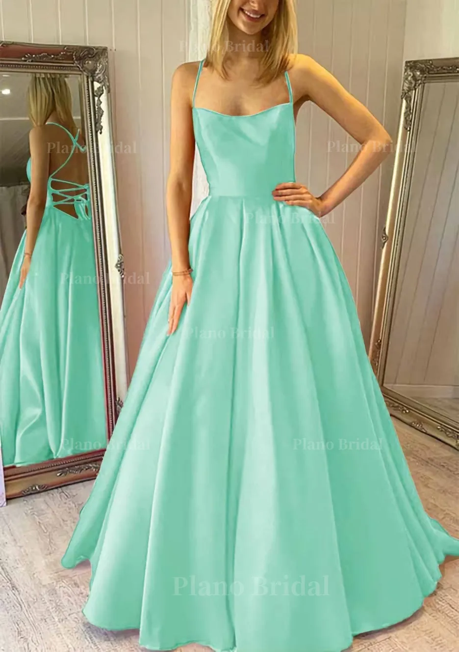 Ball Gown Square Neckline Sleeveless Satin Sweep Train Prom Dress With Pleated Pockets