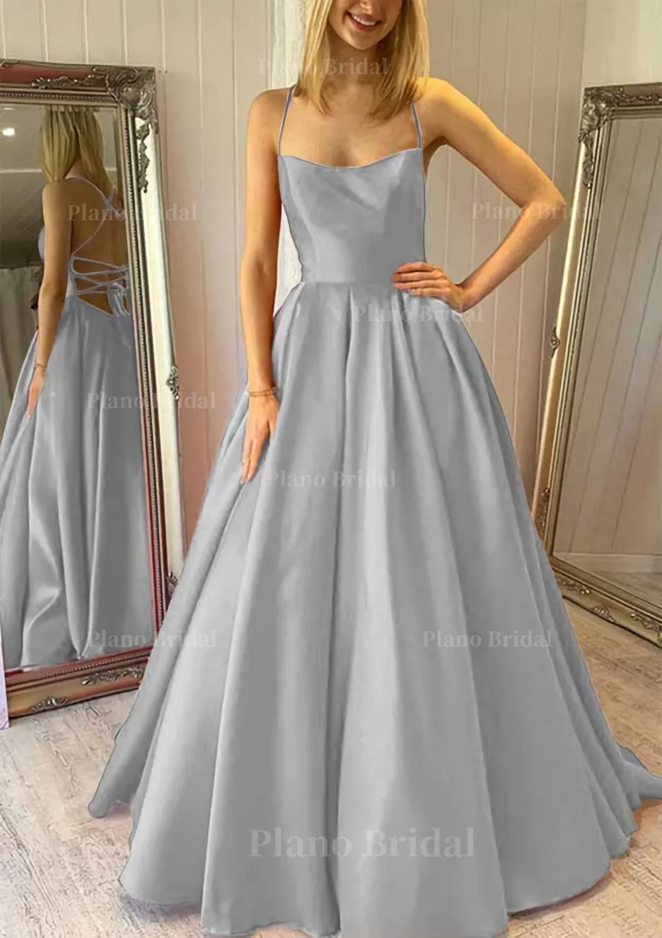 Ball Gown Square Neckline Sleeveless Satin Sweep Train Prom Dress With Pleated Pockets