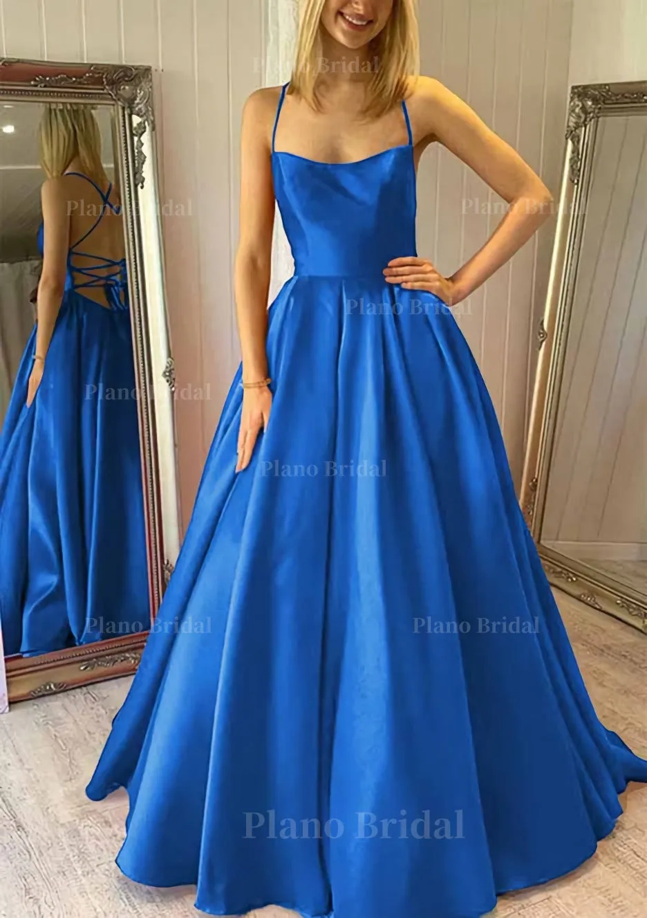 Ball Gown Square Neckline Sleeveless Satin Sweep Train Prom Dress With Pleated Pockets