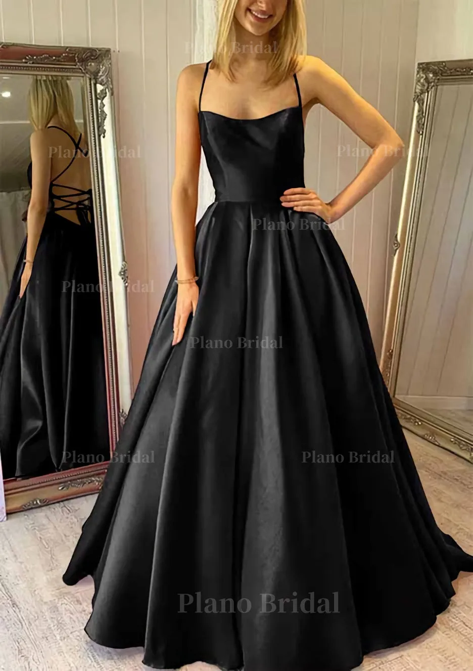 Ball Gown Square Neckline Sleeveless Satin Sweep Train Prom Dress With Pleated Pockets