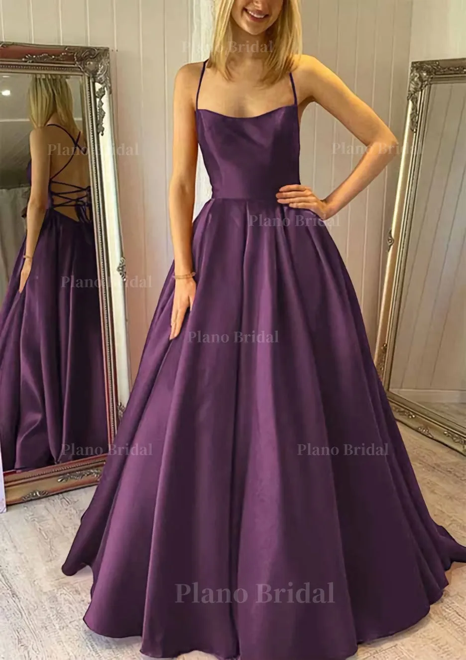 Ball Gown Square Neckline Sleeveless Satin Sweep Train Prom Dress With Pleated Pockets