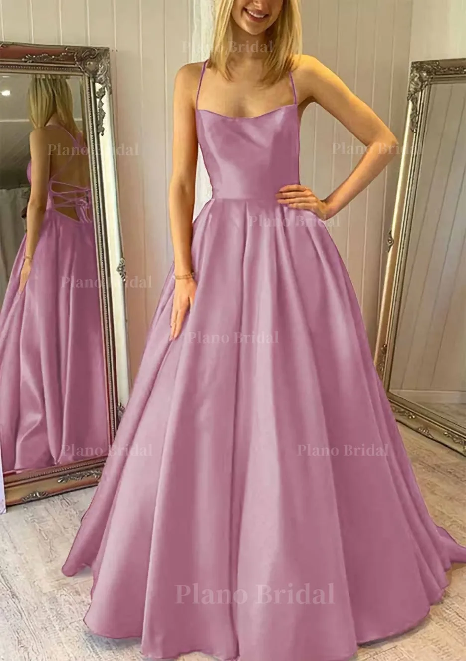 Ball Gown Square Neckline Sleeveless Satin Sweep Train Prom Dress With Pleated Pockets