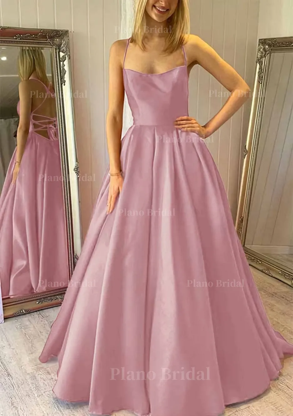 Ball Gown Square Neckline Sleeveless Satin Sweep Train Prom Dress With Pleated Pockets