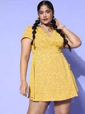 Berrylush Women Plus Size Yellow & White Floral Printed V-Neck Tie-Up Waist Crepe Flared Wrap Mini Dress