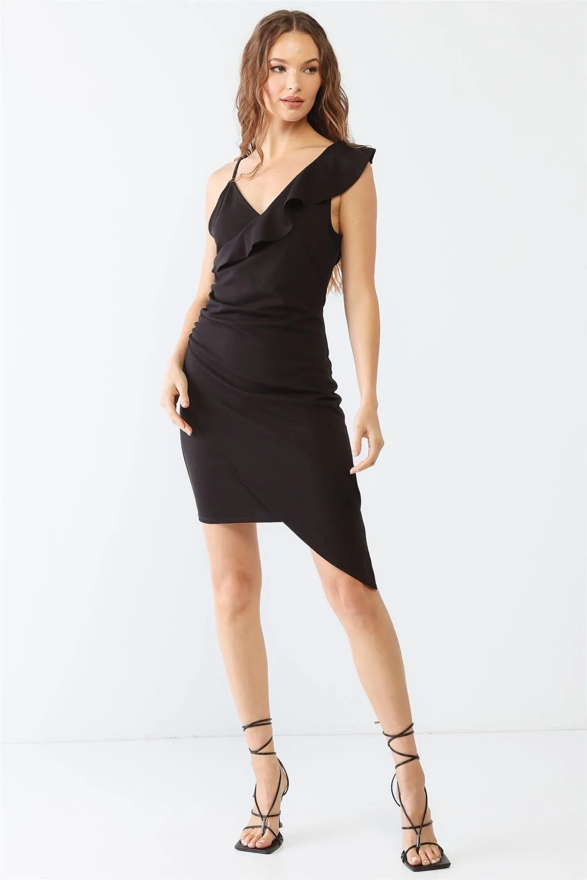 Black Ruffle Sleeveless V-Neck Wrap Hem Mini Dress /2-1-2