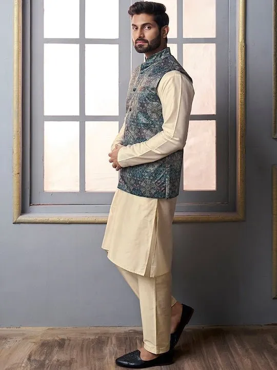 Blue Floral Printed Nehru Jacket