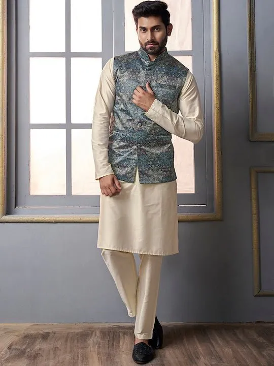 Blue Floral Printed Nehru Jacket