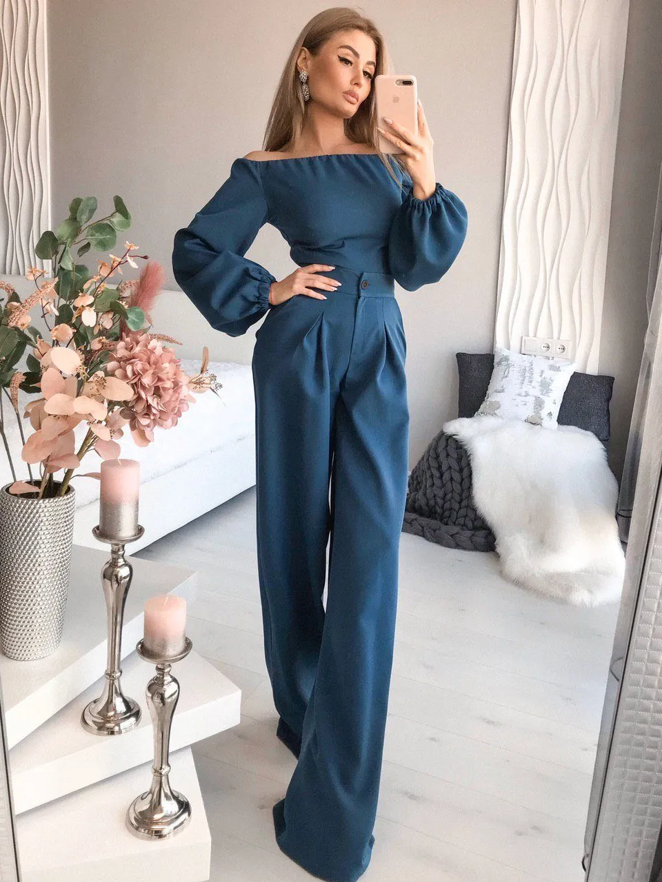 Blue Off-the-shoulder Crop Top & High Waist Pants