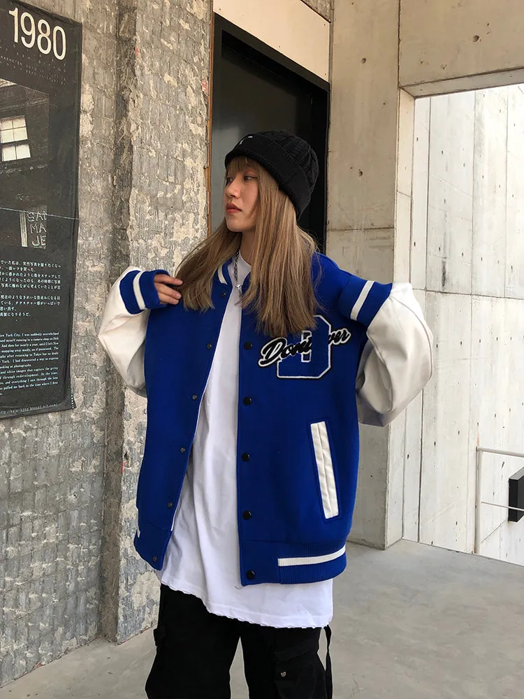 Blue Varsity Jacket Star Letters Towel Embroidery Baseball Uniform Men's and Women's Spring Loose Stitching Vibe Jacket