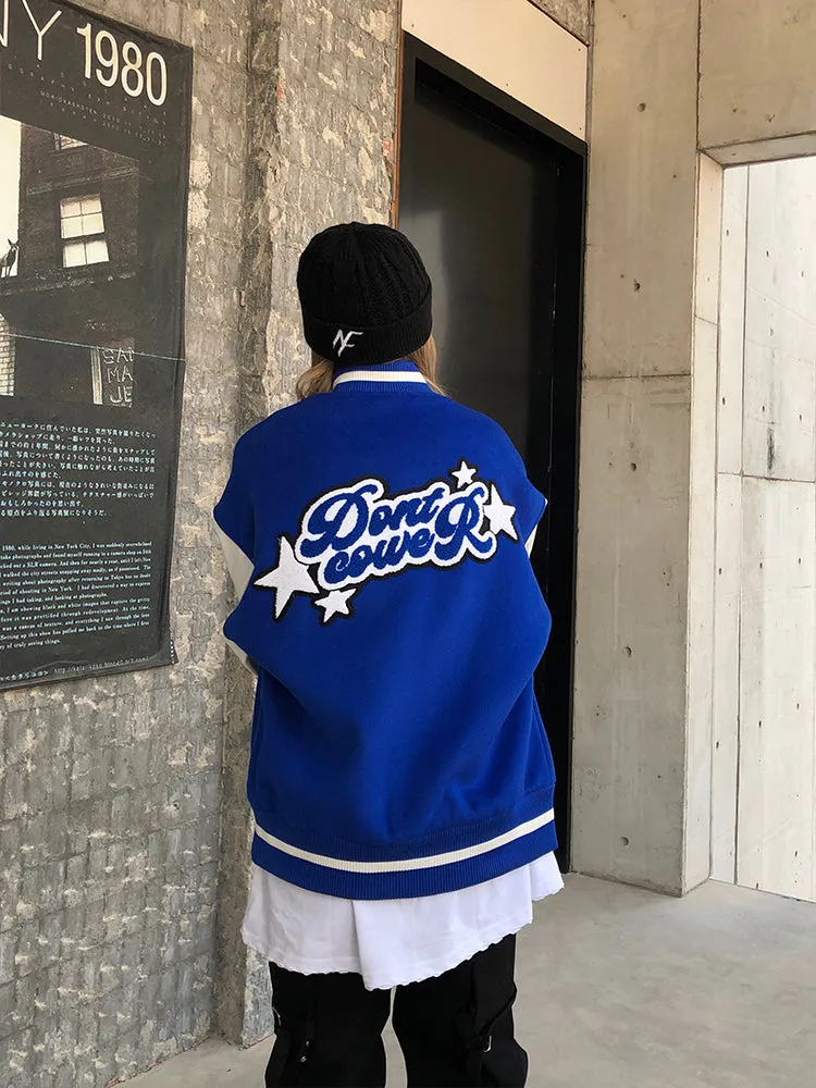 Blue Varsity Jacket Star Letters Towel Embroidery Baseball Uniform Men's and Women's Spring Loose Stitching Vibe Jacket