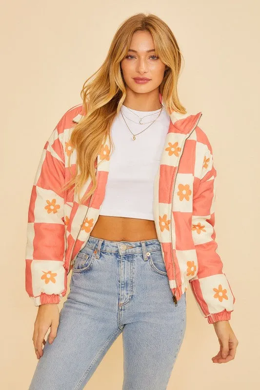 Check Puff Jacket in Dreamsicle