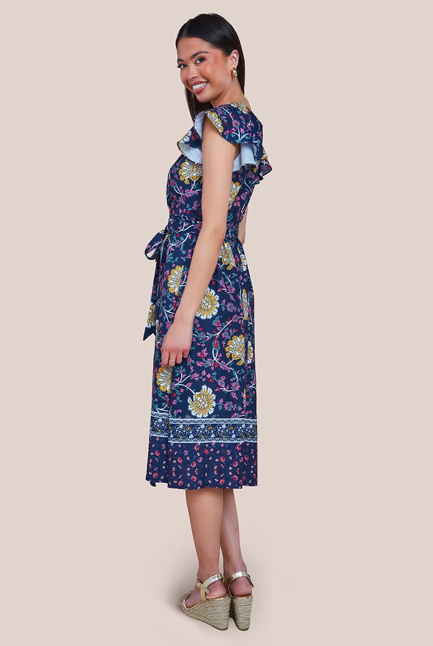 City Goddess Floral Print Wrap Midi With Flutter Sleeves