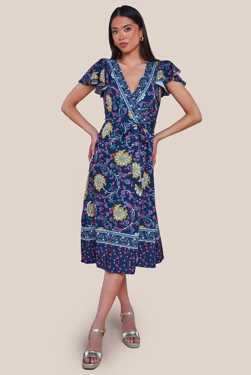 City Goddess Floral Print Wrap Midi With Flutter Sleeves