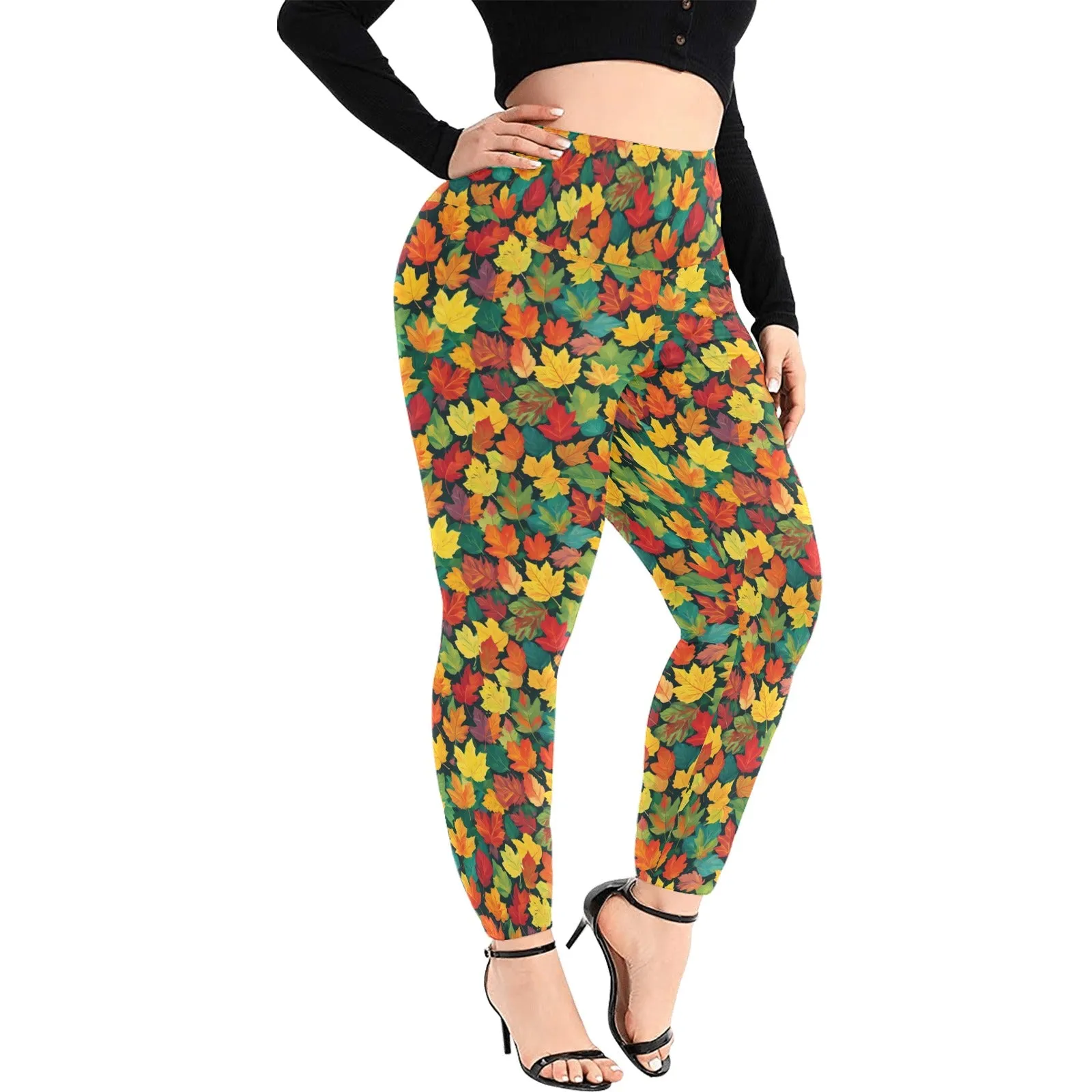 Colorful Leaves Women's Plus Size High Waited Leggings Women's High Waist Leggings(Plus Size)(ModelL45)