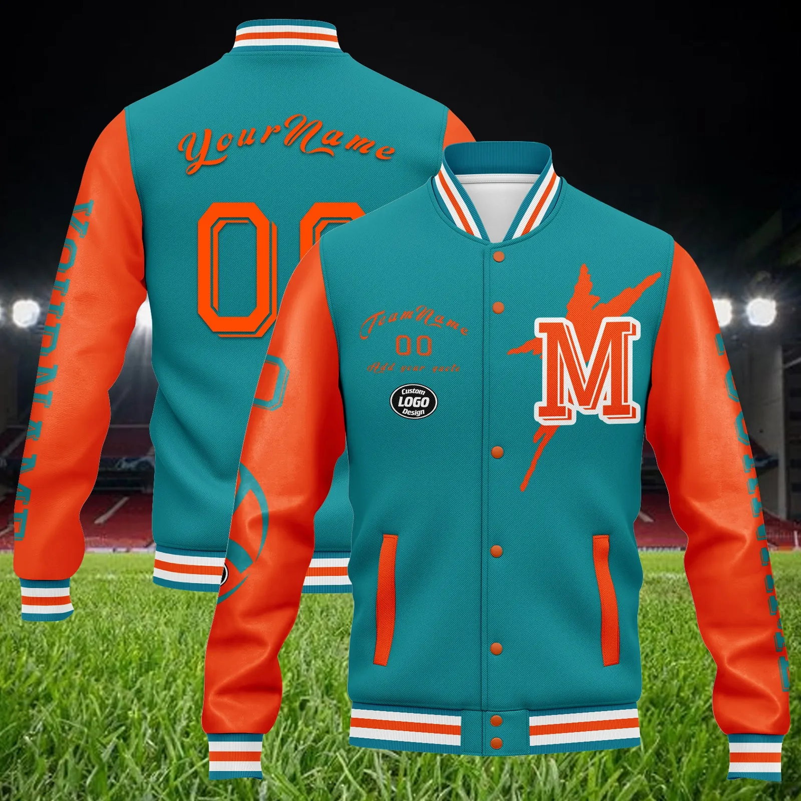 Custom Blue Orange Miami Jacket Bomber Full-Snap Varsity Letterman Personalized Jacket FZ005SX-D020290-24