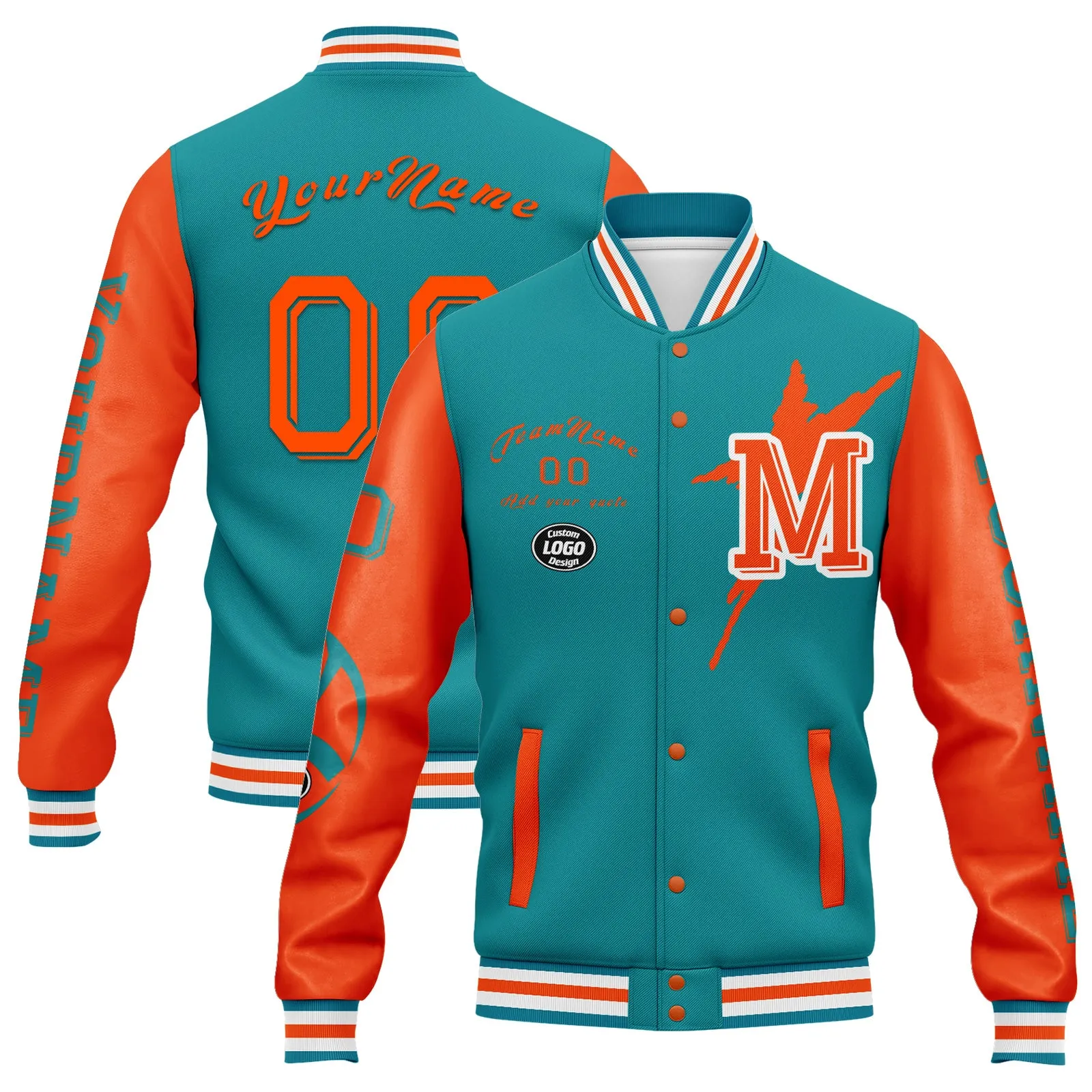 Custom Blue Orange Miami Jacket Bomber Full-Snap Varsity Letterman Personalized Jacket FZ005SX-D020290-24