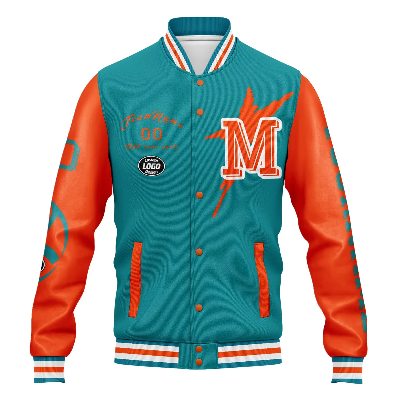 Custom Blue Orange Miami Jacket Bomber Full-Snap Varsity Letterman Personalized Jacket FZ005SX-D020290-24