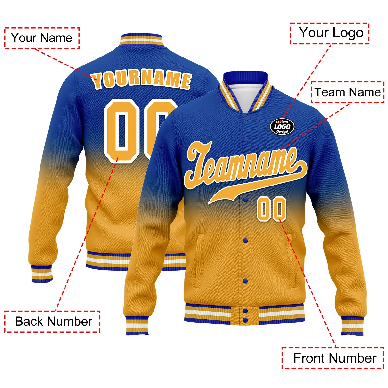 Custom Blue Yellow Fade Fashion Jacket Bomber Full-Snap Varsity Letterman Personalized Jacket FZ005-D020229-28